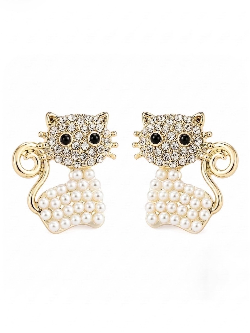 Gold-Tone Pearl & Crystal Cat Stud Earrings - Cute Cat Jewelry